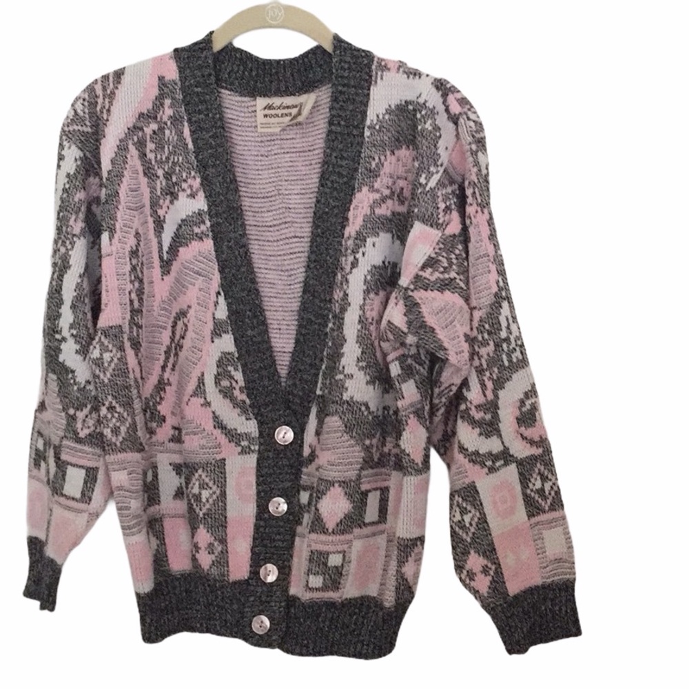 Mackinaw Woolens Gray Pink White V-Neck Cardigan Sweater